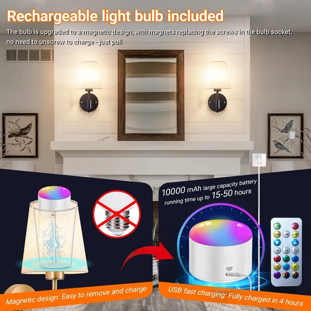 Alt view image 3 of 7 - Peel and Stick Wall Sconces, No Drilling Stick On Wall Sconce, Wireless Battery Operated Wall Lights, Adhesive Wall Lamp with 10000mAh Battery Bulb for Bedroom Living Room Decor