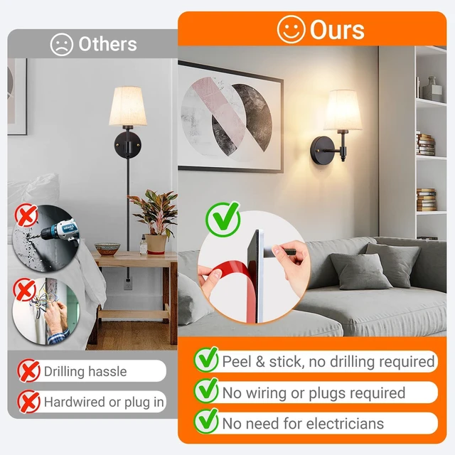 Alt view image 7 of 7 - Peel and Stick Wall Sconces, No Drilling Stick On Wall Sconce, Wireless Battery Operated Wall Lights, Adhesive Wall Lamp with 10000mAh Battery Bulb for Bedroom Living Room Decor