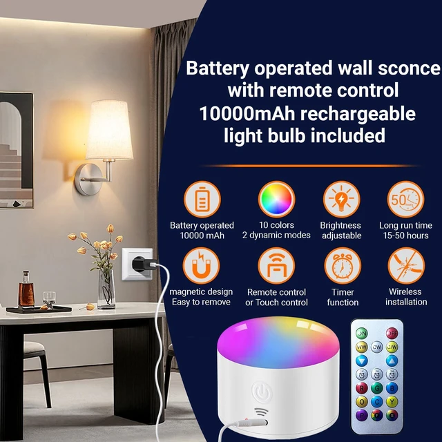 Alt view image 2 of 7 - Wall Sconce Battery Operated Wall Light Fixure with Remote Control, Dimmable Battery Operated Wall Sconces Set Of Two, Indoor Wireless Wall Mounted Lamp with Rechargable Bulb For Bedroom Living Room