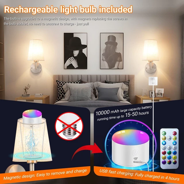 Alt view image 5 of 7 - Wall Sconce Battery Operated Wall Light Fixure with Remote Control, Dimmable Battery Operated Wall Sconces Set Of Two, Indoor Wireless Wall Mounted Lamp with Rechargable Bulb For Bedroom Living Room