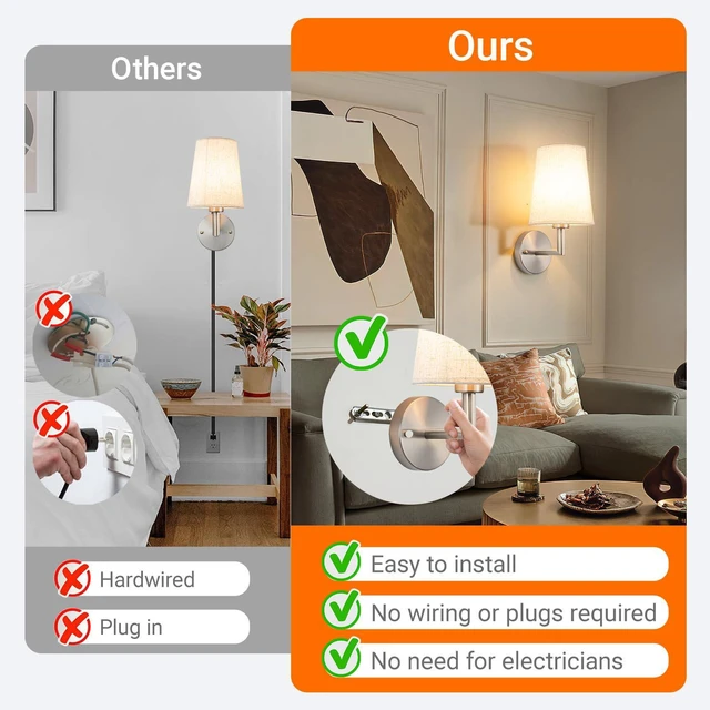 Alt view image 7 of 7 - Wall Sconce Battery Operated Wall Light Fixure with Remote Control, Dimmable Battery Operated Wall Sconces Set Of Two, Indoor Wireless Wall Mounted Lamp with Rechargable Bulb For Bedroom Living Room