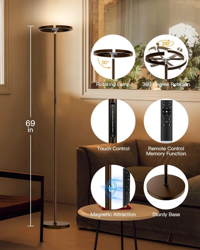 Alt view image 5 of 7 - Brown Floor Lamp, Modern Stepless Dimmable Standing Lamp with Remote Control, 22W 3000-6000K LED Rotatable Floor Light Uplighter Stand up Lamp Tall Lamp for Living Room Bedroom Office