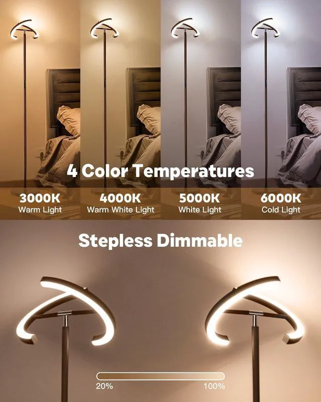 Alt view image 3 of 7 - Brown Floor Lamp, Modern Stepless Dimmable Standing Lamp with Remote Control, 22W 3000-6000K LED Rotatable Floor Light Uplighter Stand up Lamp Tall Lamp for Living Room Bedroom Office