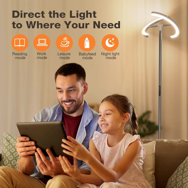 Alt view image 5 of 7 - Gunmetal Gray LED Floor Lamp - Rotatable Standing Lamp for Living Room Bedroom, 22W Dimmable Floor Readig Light with Touch/Remote Control, Modern Corner Lamp for Office, Brightness Adjustable