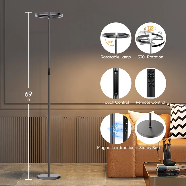 Alt view image 2 of 7 - Gunmetal Gray LED Floor Lamp - Rotatable Standing Lamp for Living Room Bedroom, 22W Dimmable Floor Readig Light with Touch/Remote Control, Modern Corner Lamp for Office, Brightness Adjustable