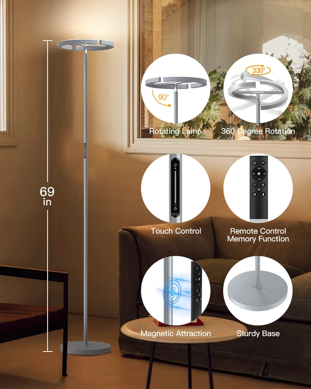 Alt view image 2 of 7 - Silver Floor Lamps for Living Room, Stepless Dimmable Standing Lamp with Touch Remote Control, 22W Rotatable LED Floor Light Tall Uplighter for Bedroom Office, 69'' Modern Room Light