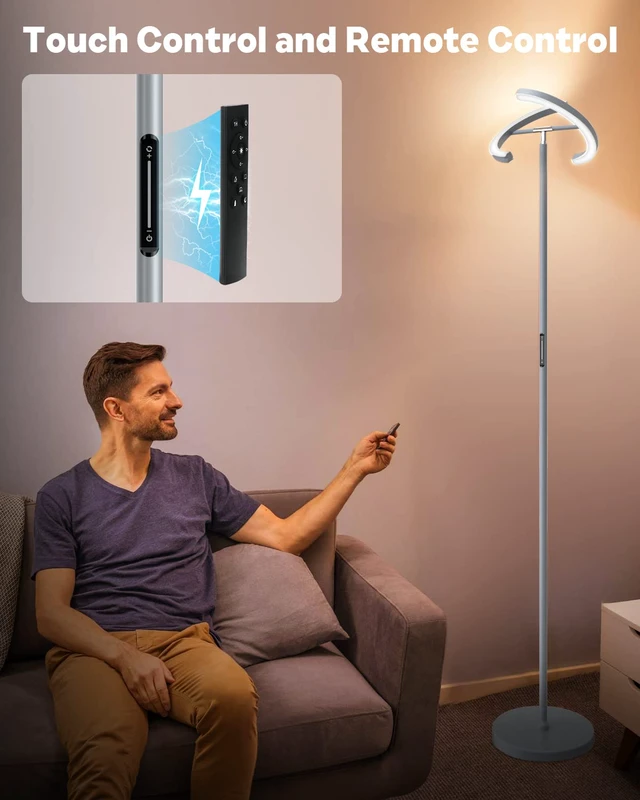 Alt view image 4 of 7 - Silver Floor Lamps for Living Room, Stepless Dimmable Standing Lamp with Touch Remote Control, 22W Rotatable LED Floor Light Tall Uplighter for Bedroom Office, 69'' Modern Room Light