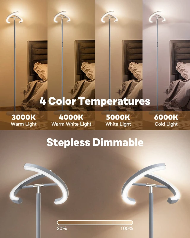 Alt view image 3 of 7 - Silver Floor Lamps for Living Room, Stepless Dimmable Standing Lamp with Touch Remote Control, 22W Rotatable LED Floor Light Tall Uplighter for Bedroom Office, 69'' Modern Room Light