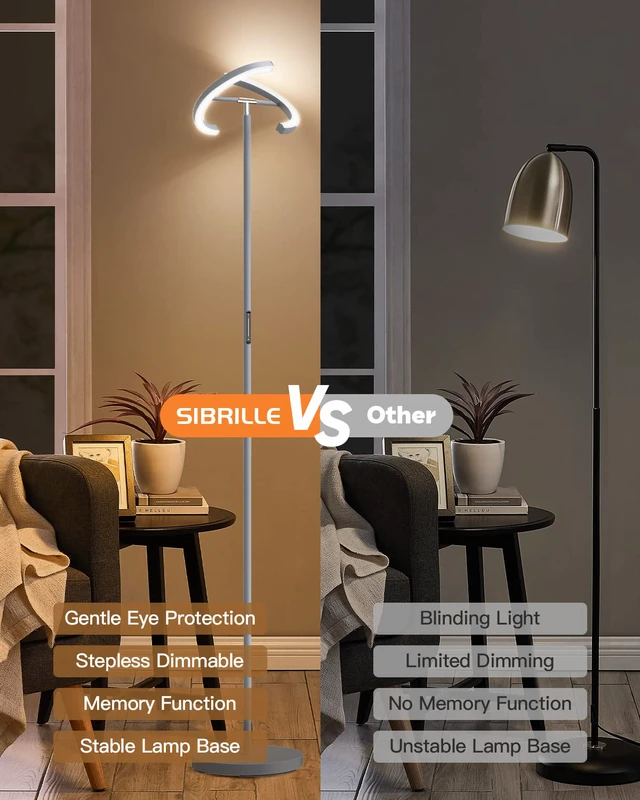 Alt view image 7 of 7 - Silver Floor Lamps for Living Room, Stepless Dimmable Standing Lamp with Touch Remote Control, 22W Rotatable LED Floor Light Tall Uplighter for Bedroom Office, 69'' Modern Room Light