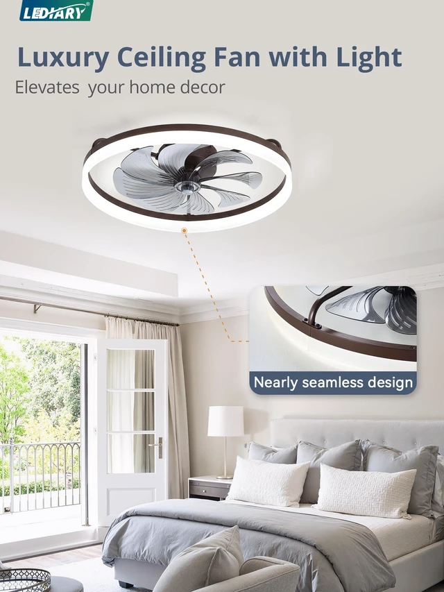 Alt view image 2 of 7 - 23" Low Profile Ceiling Fans with Lights, APP & Remote, Brown Flush Mount, Dimmable LED, Quiet DC Motor, Reversible, 6 Speeds, Fandelier, for Bedroom