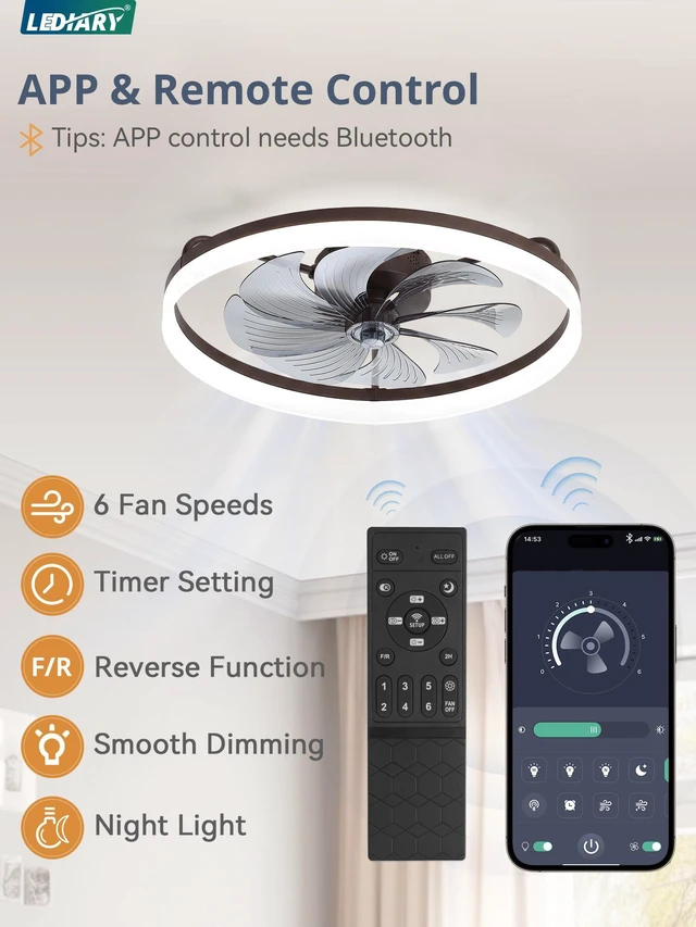 Alt view image 4 of 7 - 23" Low Profile Ceiling Fans with Lights, APP & Remote, Brown Flush Mount, Dimmable LED, Quiet DC Motor, Reversible, 6 Speeds, Fandelier, for Bedroom