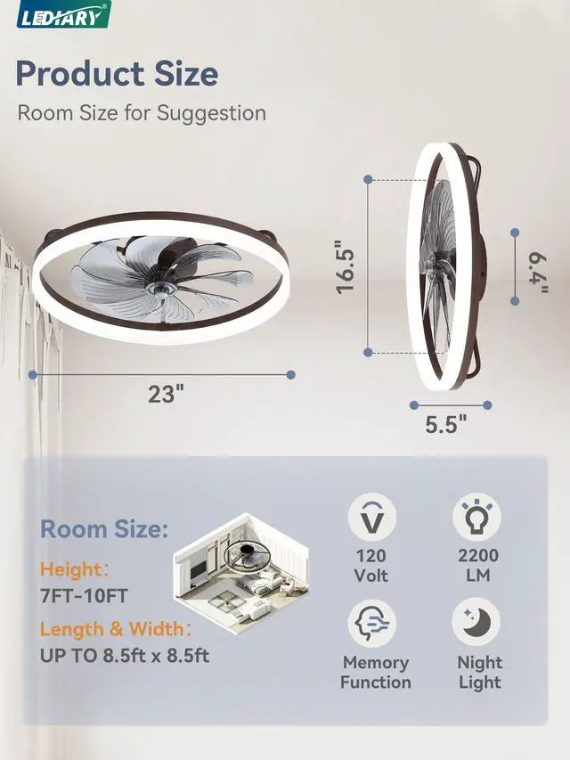 Alt view image 6 of 7 - 23" Low Profile Ceiling Fans with Lights, APP & Remote, Brown Flush Mount, Dimmable LED, Quiet DC Motor, Reversible, 6 Speeds, Fandelier, for Bedroom