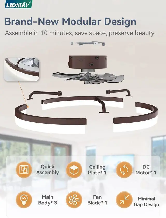 Alt view image 7 of 7 - 23" Low Profile Ceiling Fans with Lights, APP & Remote, Brown Flush Mount, Dimmable LED, Quiet DC Motor, Reversible, 6 Speeds, Fandelier, for Bedroom