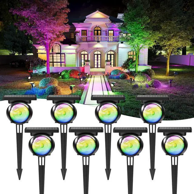 Main image of Focusing Solar Spot Lights Outdoor Waterproof, RGB+3CCT Tree Uplights 8Pack Multicolor Focused Lens Spotlight, Dusk-to-dawn Light, Stake or Wall Mounting for Yard Landscape Garden Path Halloween Decor