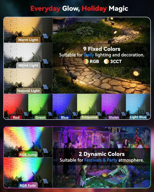 Alt view image 4 of 7 - Focusing Solar Spot Lights Outdoor Waterproof, RGB+3CCT Tree Uplights 8Pack Multicolor Focused Lens Spotlight, Dusk-to-dawn Light, Stake or Wall Mounting for Yard Landscape Garden Path Halloween Decor