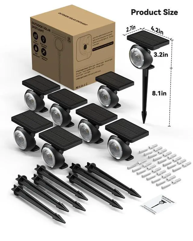 Alt view image 7 of 7 - Focusing Solar Spot Lights Outdoor Waterproof, RGB+3CCT Tree Uplights 8Pack Multicolor Focused Lens Spotlight, Dusk-to-dawn Light, Stake or Wall Mounting for Yard Landscape Garden Path Halloween Decor