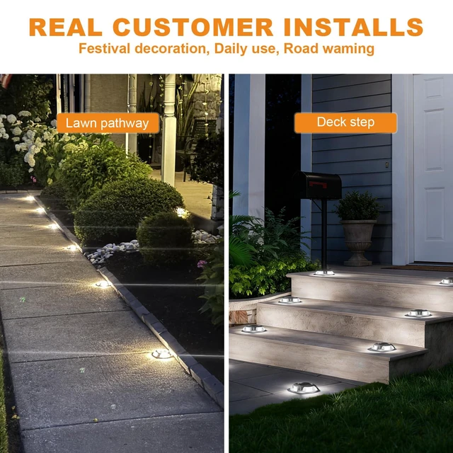 Alt view image 7 of 7 - Solar Driveway Marker Lights Dock Marine Led Deck Outdoor 12 Pack 2 Colors in 1,Solar Powered Waterproof Warning Step Lights for Pathway Garden Sidewalk(White/Warm White)