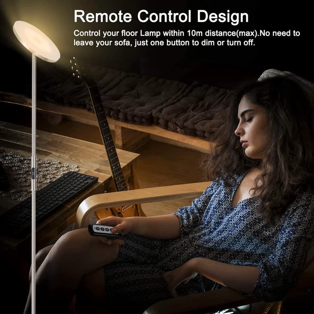 Alt view image 2 of 7 - LED Torchiere Floor Lamp with Remote, Stepless Dimmable Brush Nickel Super bright uplight fills ceilings and dark corners for living rooms, bedrooms, home offices, reading nooks and apartments