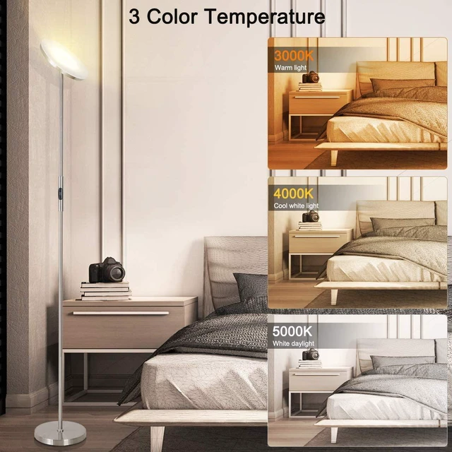 Alt view image 5 of 7 - LED Torchiere Floor Lamp with Remote, Stepless Dimmable Brush Nickel Super bright uplight fills ceilings and dark corners for living rooms, bedrooms, home offices, reading nooks and apartments