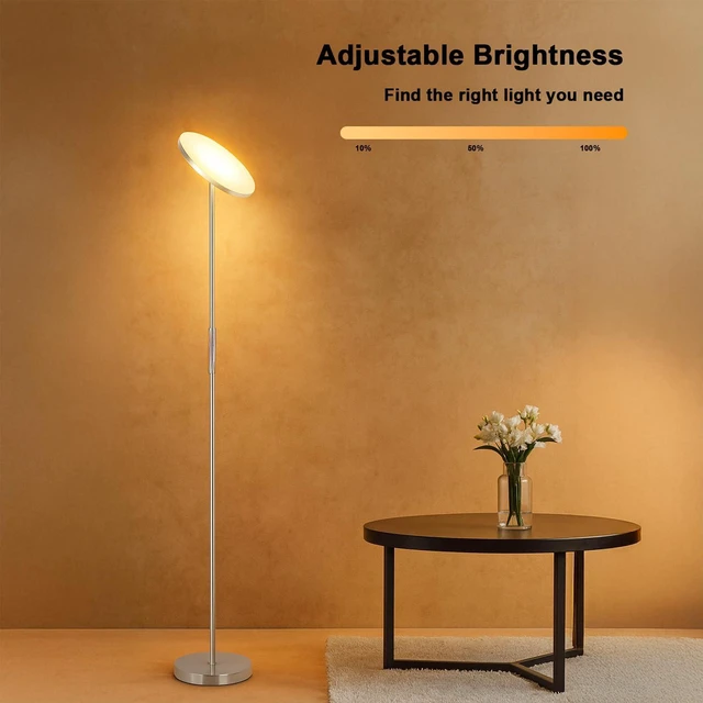 Alt view image 6 of 7 - LED Torchiere Floor Lamp with Remote, Stepless Dimmable Brush Nickel Super bright uplight fills ceilings and dark corners for living rooms, bedrooms, home offices, reading nooks and apartments