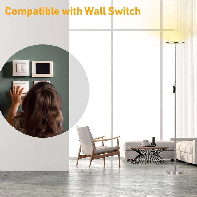 Alt view image 7 of 7 - LED Torchiere Floor Lamp with Remote, Stepless Dimmable Brush Nickel Super bright uplight fills ceilings and dark corners for living rooms, bedrooms, home offices, reading nooks and apartments