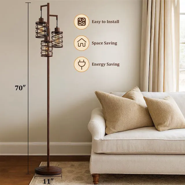 Alt view image 5 of 7 - 70" Industrial Floor Lamp, Stepless Dimmable Standing Lamp with 3 Bulbs, Farmhouse Corner Standing Tree Lamp for Living Room, Tall Lamps for Bedroom, Office, Study Room, Dining Room