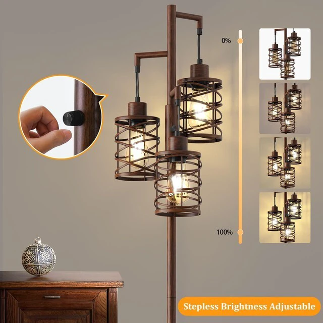 Alt view image 4 of 7 - 70" Industrial Floor Lamp, Stepless Dimmable Standing Lamp with 3 Bulbs, Farmhouse Corner Standing Tree Lamp for Living Room, Tall Lamps for Bedroom, Office, Study Room, Dining Room