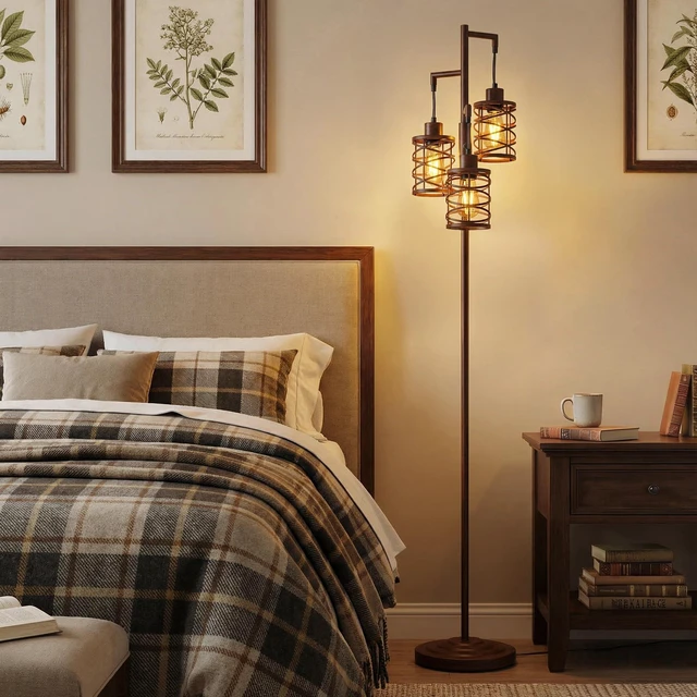 Alt view image 2 of 7 - 70" Industrial Floor Lamp, Stepless Dimmable Standing Lamp with 3 Bulbs, Farmhouse Corner Standing Tree Lamp for Living Room, Tall Lamps for Bedroom, Office, Study Room, Dining Room