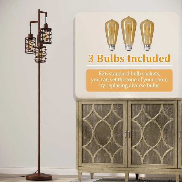 Alt view image 6 of 7 - 70" Industrial Floor Lamp, Stepless Dimmable Standing Lamp with 3 Bulbs, Farmhouse Corner Standing Tree Lamp for Living Room, Tall Lamps for Bedroom, Office, Study Room, Dining Room