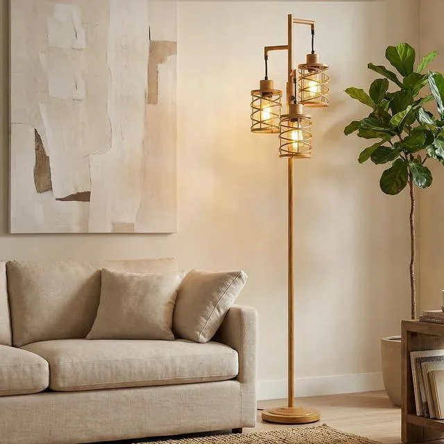 Alt view image 2 of 7 - 70" Industrial Floor Lamp, Stepless Dimmable Standing Lamp with 3 Bulbs, Farmhouse Corner Standing Tree Lamp for Living Room, Tall Lamps for Bedroom, Office, Study Room, Dining Room, Wood Grain