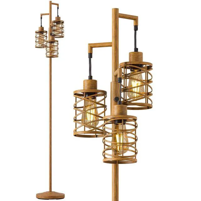 Alt view image 3 of 7 - 70" Industrial Floor Lamp, Stepless Dimmable Standing Lamp with 3 Bulbs, Farmhouse Corner Standing Tree Lamp for Living Room, Tall Lamps for Bedroom, Office, Study Room, Dining Room, Wood Grain
