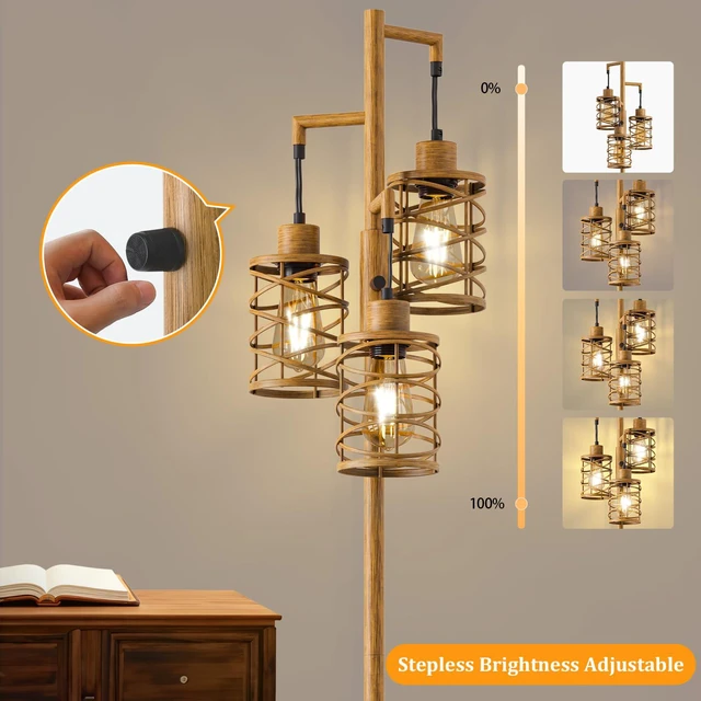 Alt view image 5 of 7 - 70" Industrial Floor Lamp, Stepless Dimmable Standing Lamp with 3 Bulbs, Farmhouse Corner Standing Tree Lamp for Living Room, Tall Lamps for Bedroom, Office, Study Room, Dining Room, Wood Grain