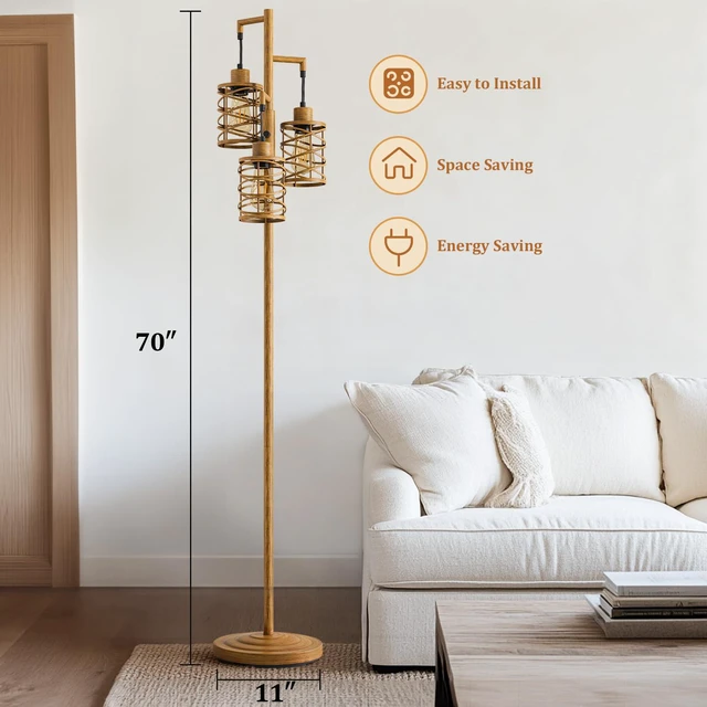 Alt view image 4 of 7 - 70" Industrial Floor Lamp, Stepless Dimmable Standing Lamp with 3 Bulbs, Farmhouse Corner Standing Tree Lamp for Living Room, Tall Lamps for Bedroom, Office, Study Room, Dining Room, Wood Grain