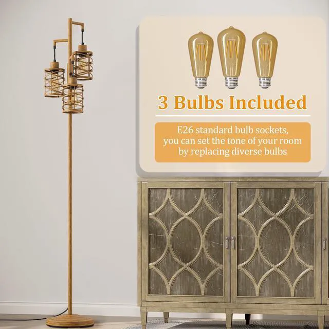Alt view image 6 of 7 - 70" Industrial Floor Lamp, Stepless Dimmable Standing Lamp with 3 Bulbs, Farmhouse Corner Standing Tree Lamp for Living Room, Tall Lamps for Bedroom, Office, Study Room, Dining Room, Wood Grain