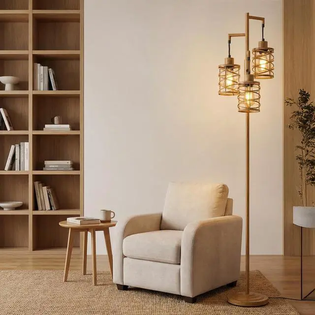 Alt view image 7 of 7 - 70" Industrial Floor Lamp, Stepless Dimmable Standing Lamp with 3 Bulbs, Farmhouse Corner Standing Tree Lamp for Living Room, Tall Lamps for Bedroom, Office, Study Room, Dining Room, Wood Grain