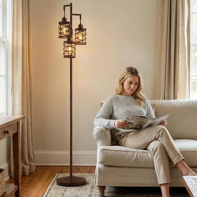 Alt view image 7 of 7 - 70" Industrial Floor Lamp, Stepless Dimmable Standing Lamp with 3 Bulbs, Farmhouse Corner Standing Tree Lamp for Living Room, Tall Lamps for Bedroom, Office, Study Room, Dining Room