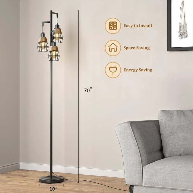 Alt view image 2 of 7 - 70" Floor Lamps for Living Room, Stepless Dimmable Boho Floor Lamp with 3 Bulbs, Tall Farmhouse Industrial Corner Standing Tree Lamp for Bedroom, Office, Study Room, Dining Room, Black