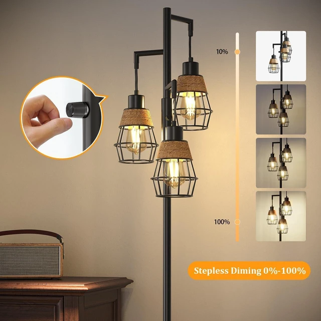 Alt view image 3 of 7 - 70" Floor Lamps for Living Room, Stepless Dimmable Boho Floor Lamp with 3 Bulbs, Tall Farmhouse Industrial Corner Standing Tree Lamp for Bedroom, Office, Study Room, Dining Room, Black