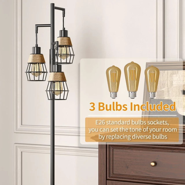 Alt view image 4 of 7 - 70" Floor Lamps for Living Room, Stepless Dimmable Boho Floor Lamp with 3 Bulbs, Tall Farmhouse Industrial Corner Standing Tree Lamp for Bedroom, Office, Study Room, Dining Room, Black