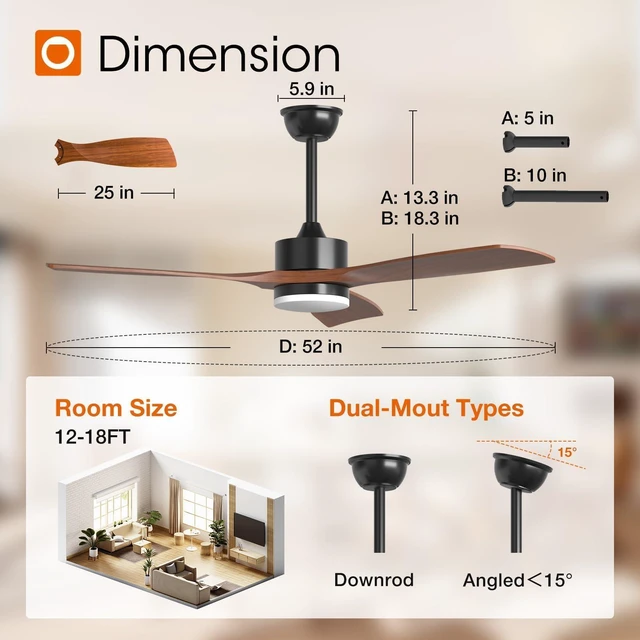 Alt view image 2 of 7 - 52 Inch Solid Wood Ceiling Fans with Lights and Remote Control 3CCT dimmable light, quiet reversible DC motor, 6 speeds, memory, timer; bedrooms, living rooms, covered patios and gazebos