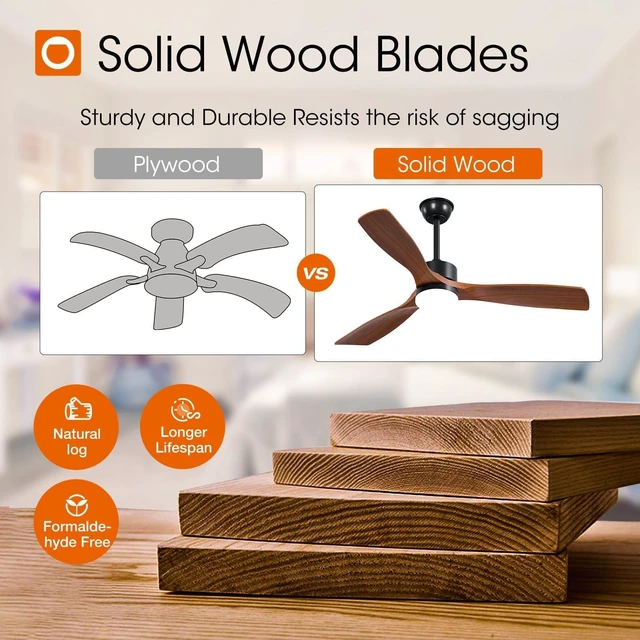 Alt view image 3 of 7 - 52 Inch Solid Wood Ceiling Fans with Lights and Remote Control 3CCT dimmable light, quiet reversible DC motor, 6 speeds, memory, timer; bedrooms, living rooms, covered patios and gazebos