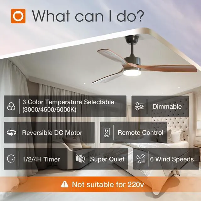 Alt view image 5 of 7 - 52 Inch Solid Wood Ceiling Fans with Lights and Remote Control 3CCT dimmable light, quiet reversible DC motor, 6 speeds, memory, timer; bedrooms, living rooms, covered patios and gazebos