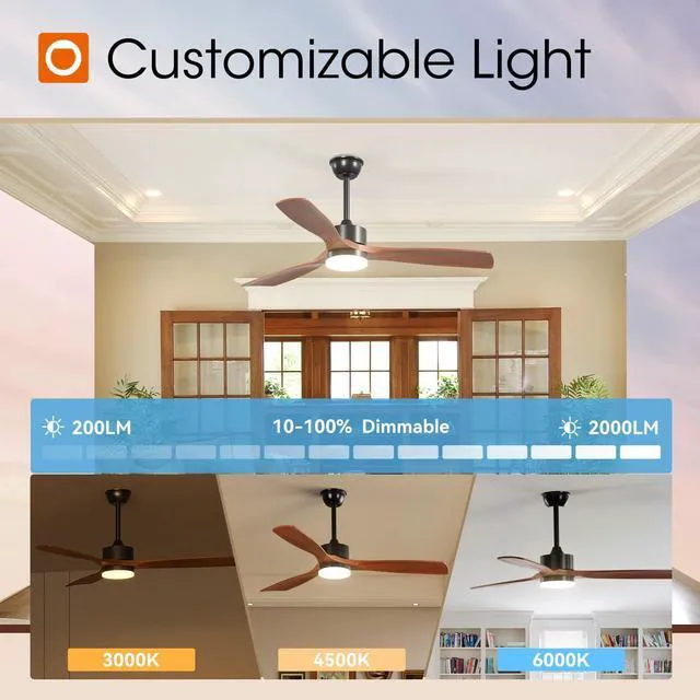Alt view image 7 of 7 - 52 Inch Solid Wood Ceiling Fans with Lights and Remote Control 3CCT dimmable light, quiet reversible DC motor, 6 speeds, memory, timer; bedrooms, living rooms, covered patios and gazebos