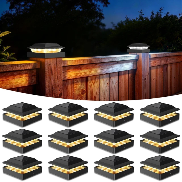 Main image of Solar Post Cap Lights for 4x4 Wood/Vinyl Posts, 12 Pack IP65 Waterproof Fence Post Solar Lights, Outdoor Post Lights with 2 Color Modes Decorate Garden Patio Porch Backyard, Black