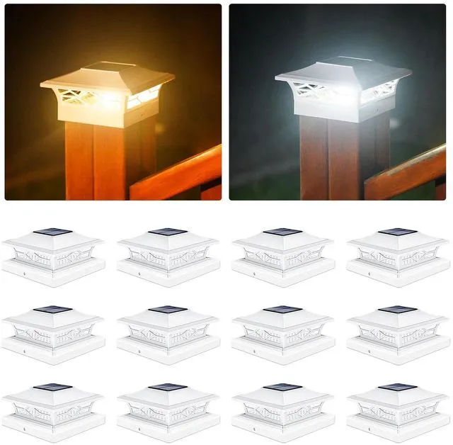 Main image of 12Pack Solar Post Cap Lights, 2 Color Modes Deck Lights, White Waterproof solar lights fit 4x4/6x6 wooden & 4x4/5x5 vinyl posts, suitable for dock, fence, patio outdoor decorative lighting