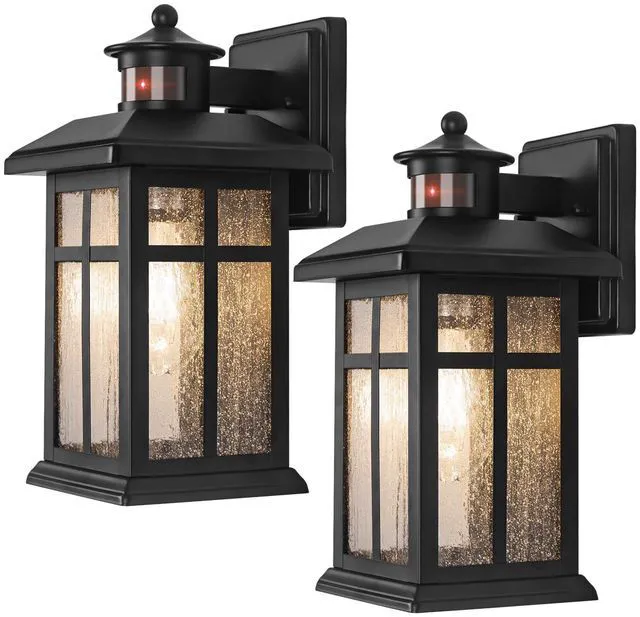 Main image of Motion Sensor Outdoor Wall Lights 2 Packs Dusk to Dawn Outdoor Lighting Hardwired Exterior Light Sconces with E26 Sockets & Tempered Glass, Wall Mounted Black Waterproof Outdoor Lights for House