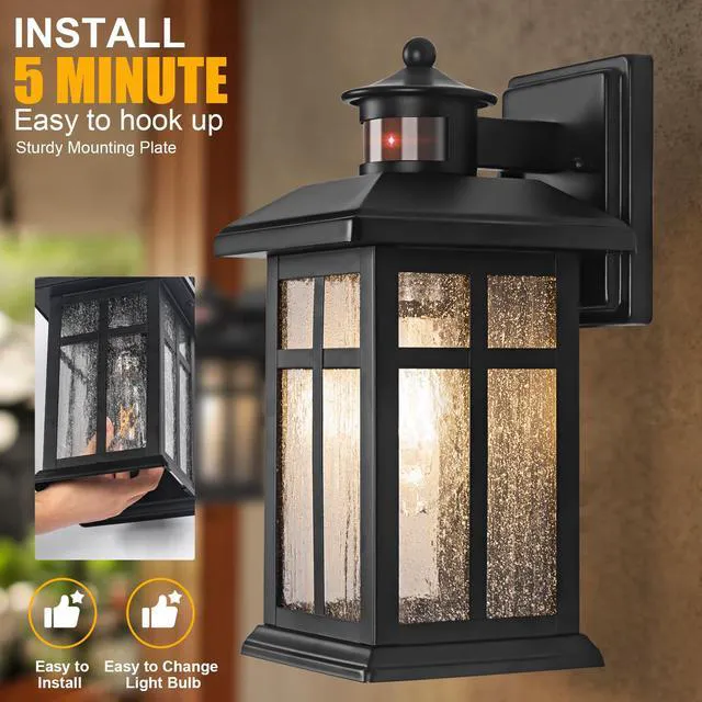 Alt view image 2 of 7 - Motion Sensor Outdoor Wall Lights 2 Packs Dusk to Dawn Outdoor Lighting Hardwired Exterior Light Sconces with E26 Sockets & Tempered Glass, Wall Mounted Black Waterproof Outdoor Lights for House