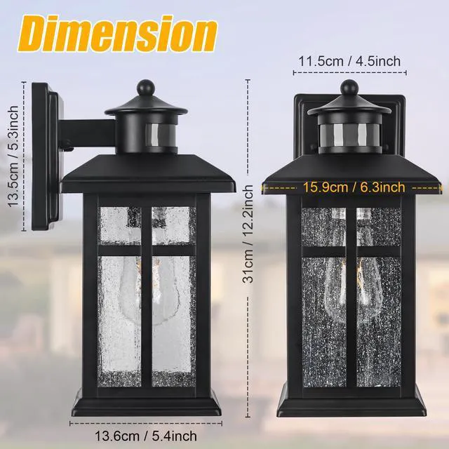 Alt view image 4 of 7 - Motion Sensor Outdoor Wall Lights 2 Packs Dusk to Dawn Outdoor Lighting Hardwired Exterior Light Sconces with E26 Sockets & Tempered Glass, Wall Mounted Black Waterproof Outdoor Lights for House