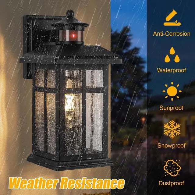 Alt view image 5 of 7 - Motion Sensor Outdoor Wall Lights 2 Packs Dusk to Dawn Outdoor Lighting Hardwired Exterior Light Sconces with E26 Sockets & Tempered Glass, Wall Mounted Black Waterproof Outdoor Lights for House