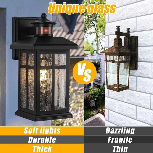 Alt view image 7 of 7 - Motion Sensor Outdoor Wall Lights 2 Packs Dusk to Dawn Outdoor Lighting Hardwired Exterior Light Sconces with E26 Sockets & Tempered Glass, Wall Mounted Black Waterproof Outdoor Lights for House